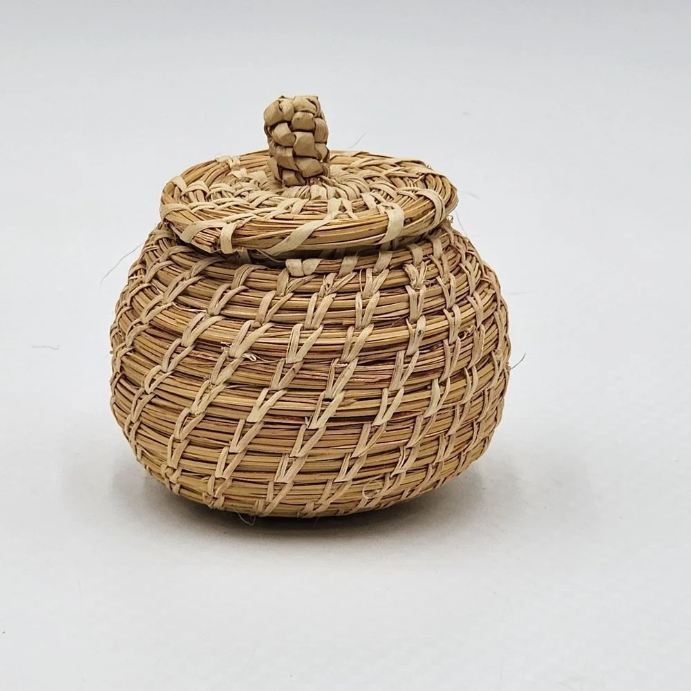 Vintage Tohono O'odham Papago Indian Handwoven Lidded Basket Signed Artisan